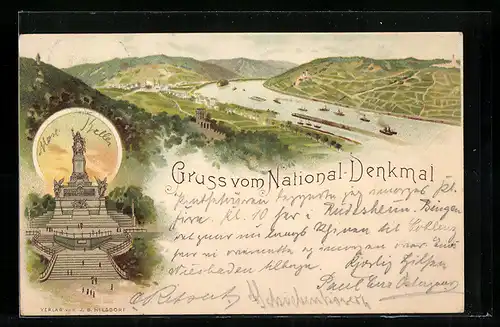 Lithographie Bingen, Ortsansicht mit Rhein aus der Vogelschau, Denkmal