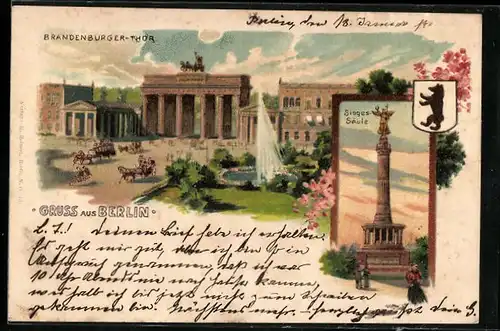 Lithographie Berlin, Brandenburger Tor und Siegessäule