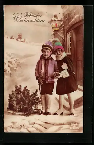 Foto-AK Amag Nr. 63335 /5: Kinder mit Schlitten wünschen fröhliche Weihnachten