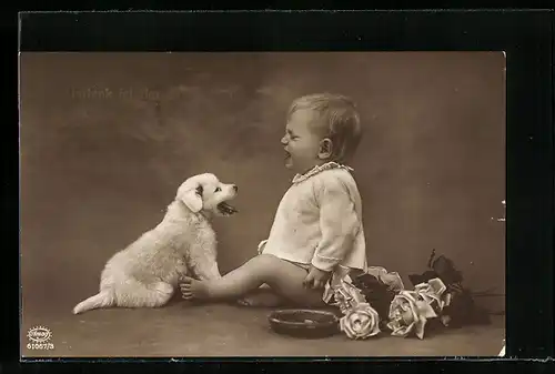Foto-AK Amag Nr. 61067 /3: Weinendes Kleinkind und Hundewelpe