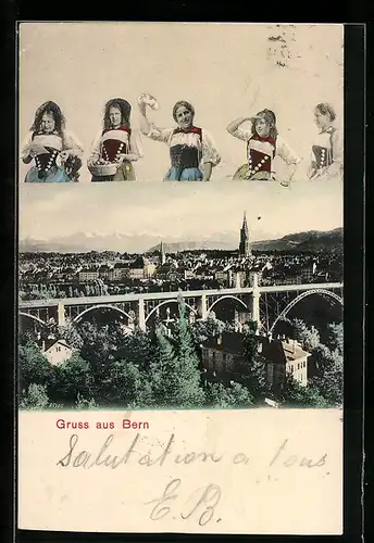 AK Bern, Blick über das Viadukt zur Stadt, Bernerinnen in Tracht