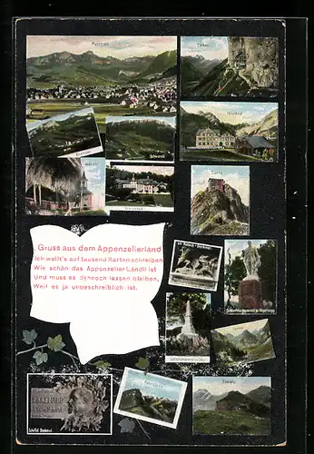 AK Appenzell, Ortsansicht, Escher, Meglisalp, Wildkirchli, Scheffel-Denkmal