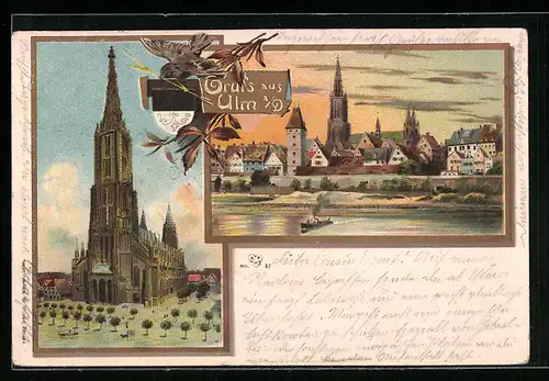 Lithographie Ulm, Ulmer Münster, Ortsansicht vom Fluss aus