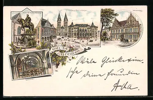 Lithographie Bremen, Restaurant Ratskeller, Kaiser Wilhelm I. Brunnen, Rathaus mit Dom und Börse, Gewerbehaus