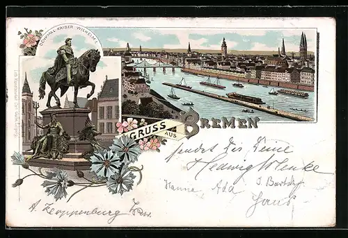 Lithographie Bremen, Ortsansicht mit Denkmal Kaiser-Wilhelm I.