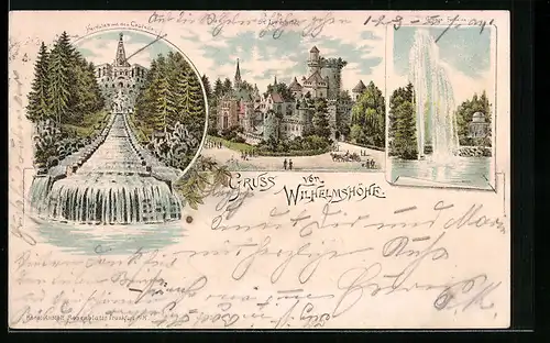 Vorläufer-Lithographie Kassel, 1894, Wilhelmshöhe, Herkules mit den Cascaden, Löwenburg, Grosse Fontaine