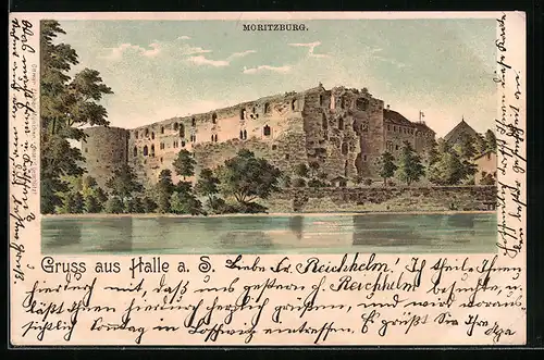 Lithographie Halle / Saale, Ansicht der Moritzburg an der Saale