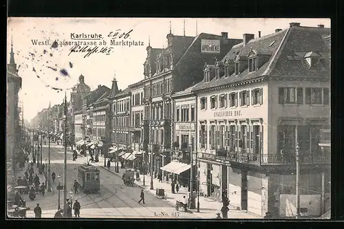 AK Karlsruhe, westl. Kaiserstrasse mit Strassenbahn