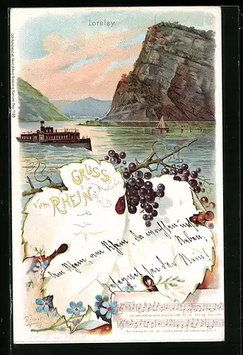 Lithographie Dampfer passiert die Loreley