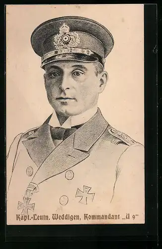 Künstler-AK Kapitänleutnant Otto Weddigen, Portrait mit Mütze, U-Bootkommandant