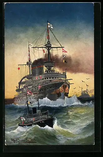 Künstler-AK Kriegsschiff Kaiser Barbarossa