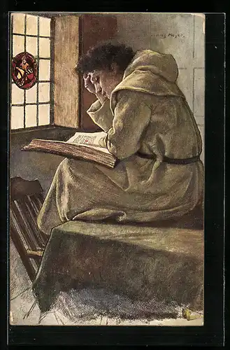 Künstler-AK Raphael Tuck & Sons Nr. 1204: Klosterschüler beim Lesen einer dicken Lektüre