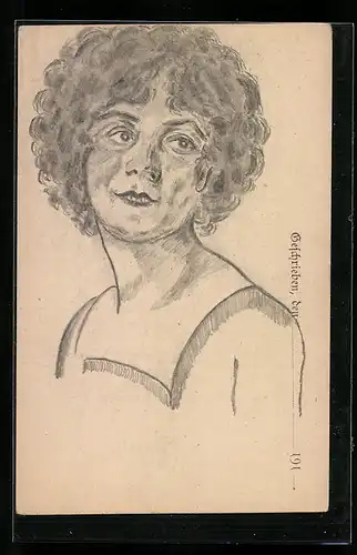 Künstler-AK Handgemalt: Portrait einer Frau mit Locken