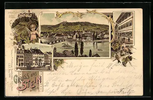 Lithographie Stein am Rhein, Schloss Hohenklingen, Totalansicht, Hotel Sonne