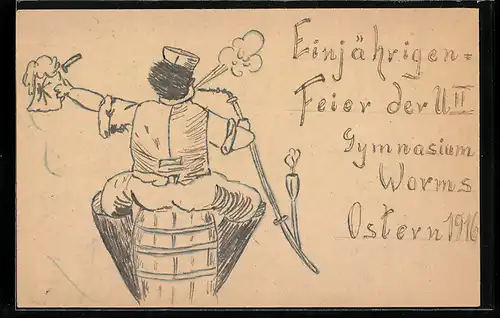 Künstler-AK Handgemalt: Worms, Einjährigenfeier des UII, Gymnasium Worms, Ostern 1916