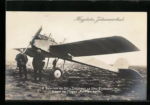 Foto-AK Sanke Nr. 192: Johannisthal bei Berlin, Flugplatz, A. Baierlein mit Oblt. von Linsingen auf Otto-Eindecker