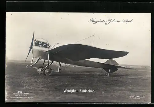 Foto-AK Sanke Nr. 242: Berlin-Johannisthal, Westphal Eindecker auf dem Flugplatz