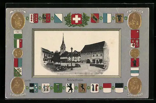 Präge-AK Schleitheim, Telldenkmal, St. Jacob-Denkmal, Kirche, Wappen der Schweizer Kanton