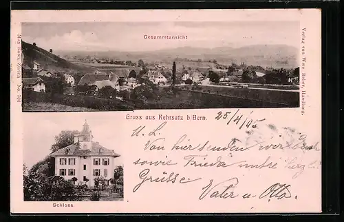 Lithographie Kehrsatz bei Bern, Gesamtansicht, Schloss