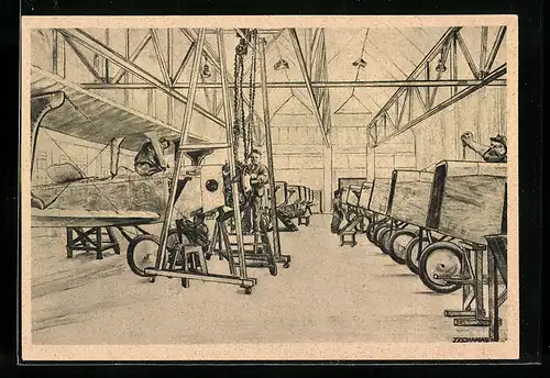 Künstler-AK Augsburg, Bayerische Flugzeugwerke AG, Schulflugzeuge in der Montage