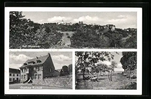 AK Bell / Hunsrück, Gasthaus Karbach, Liegewiese, Ortsansicht