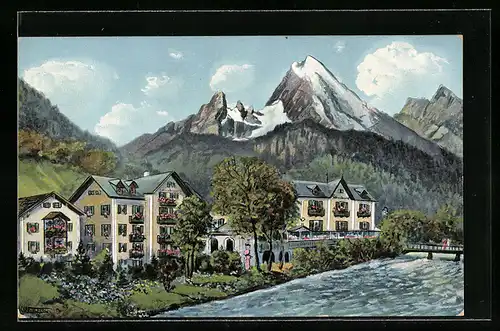 Künstler-AK Berchtesgaden, Hotel Schwabenwirt vor herrlichem Panorama