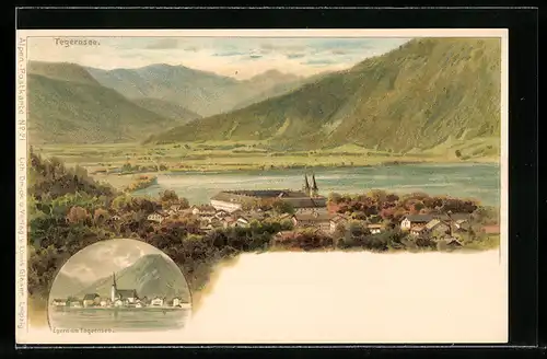 Lithographie Egern /Tegernsee, Ortsansicht mit dem Tegernsee und den Bergen