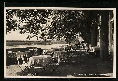 AK Nienburg, Gasthaus Weserschlösschen, Terrasse