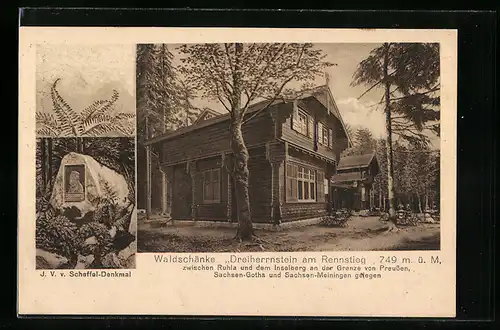 AK Ruhla, Gasthaus Waldschänke Dreiherrnstein am Rennstieg, Scheffel-Denkmal
