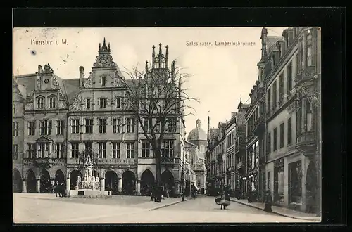 AK Münster i. W., Salzstrasse mit Lambertusbrunnen