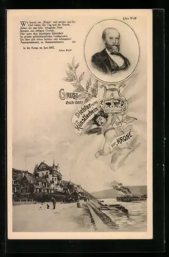 AK Assmannshausen, Gastwirtschaft, Dichter u. Künstlerheim zur Krone Bildnis v. Julius Wolff