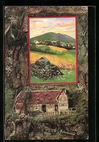 AK Moritzberg, Blick über Felder auf den Ort, Rahmen mit Haus und Bergsteigerrucksack