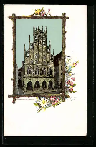 AK Münster i. W., Das Rathaus in einem Holzrahmen