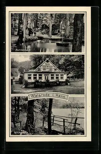 AK Walsrode i. Hann., Waldgasthaus, Teichpartie und Bohlenbach