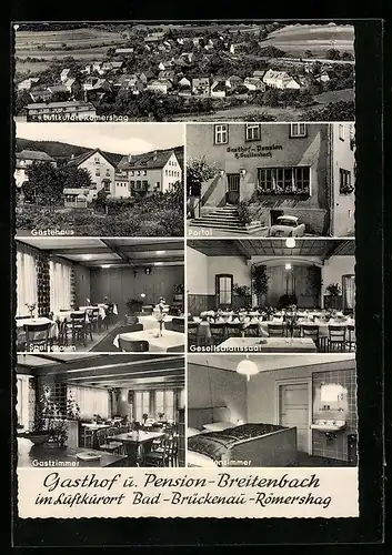 AK Bad-Brückenau-Römershag, Gasthof u. Pension Breitenbach, Gastzimmer u. Speiseraum, Panorama