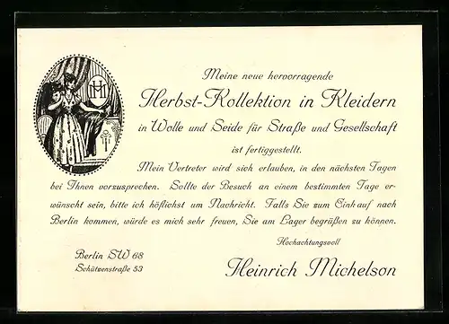 AK Berlin, Neue Herbstkollektion von Heinrich Michelson, Schützenstrasse 53, Korrespondenzkarte