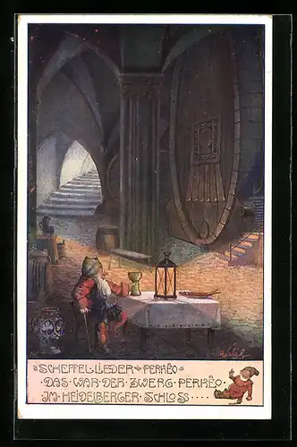 Künstler-AK T. Welzl: Zwerg Perkeo im Heidelberger Schloss