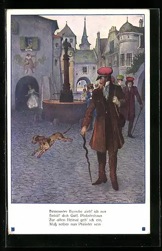 Künstler-AK T. Welzl: Student verlässt die Stadt