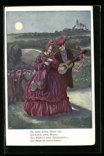 Künstler-AK T. Welzl: Student mit Gitarre und elegante Dame