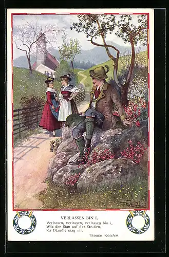 Künstler-AK T.Welzl: Mann beobachtet zwei Damen in Tracht