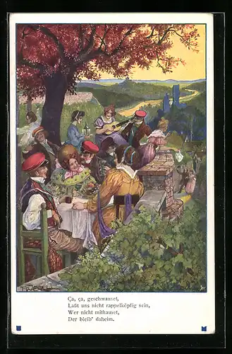 Künstler-AK T. Welzl: Herbstfest mit Studenten im Freien