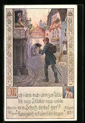 Künstler-AK T. Welzl: Frau winkt ihrem davonziehenden Liebsten