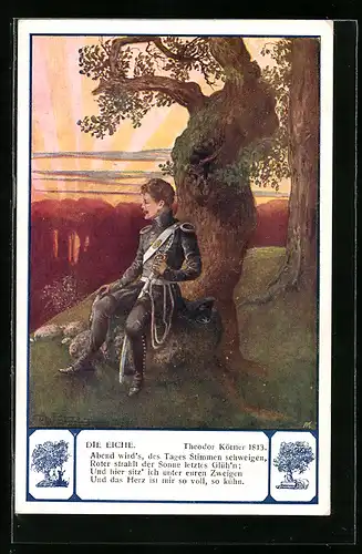 Künstler-AK T. Welzl: Theodor Körner an einer Eiche 1813