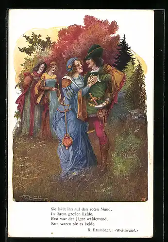 Künstler-AK T. Welzl: Dame Arm in Arm mit Jäger