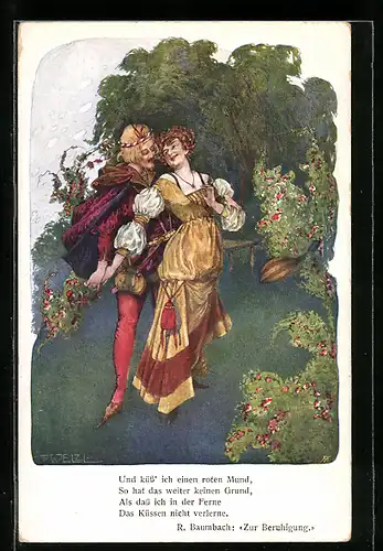 Künstler-AK T. Welzl: Junges Paar in Umarmung zwischen Rosenbüschen