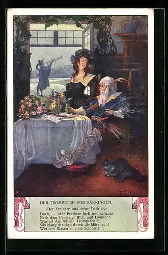 Künstler-AK T.Welzl: Trompeter von Säckingen, Freiherr und seine Tochter hören Trompetenklang