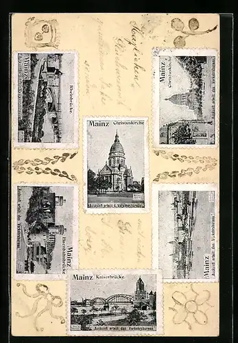 AK Mainz, Christuskirche, Eisenbahnbrücke und Rheinbrücke