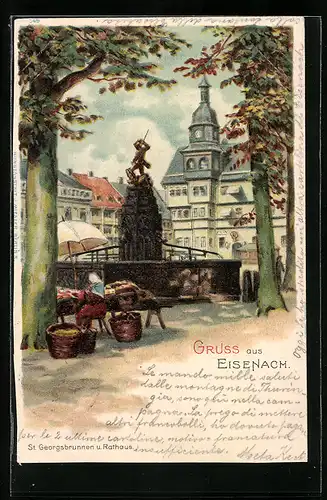 Lithographie Eisenach, Ortspartie mit Brunnen
