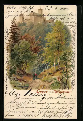 Lithographie Eisenach, Wartburg, Paar beim Spaziergang im Wald unterhalb der Burg
