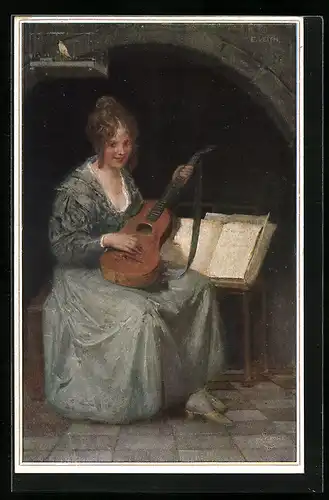 Künstler-AK Wohlgemuth & Lissner, Primus-Postkarte No. 5064: Lieder zur Laute, Fräulein mit Saiteninstrument